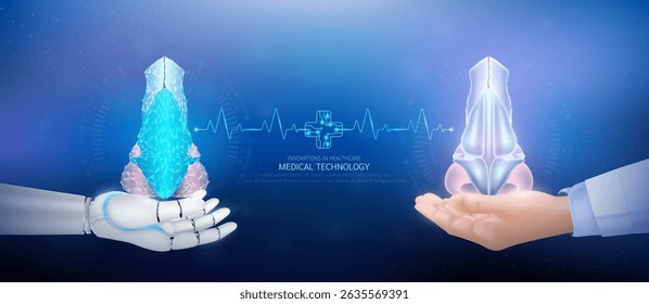 Medical technology. Nose polygon transparent on robot hand and doctor with heartbeat pulse cross circuit symbol. Innovative in health care futuristic by artificial intelligence (AI). Banner vector.