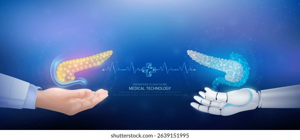 Medical technology. Pancreas polygon transparent on robot hand and doctor with heartbeat pulse cross circuit symbol. Innovative in health care futuristic by artificial intelligence. Banner vector.