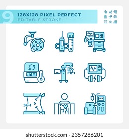 Medical technology pixel perfect light blue icons. Modern equipment. Health care center. Hospital devices. RGB color. Website icons set. Simple design element. Contour drawing. Line illustration