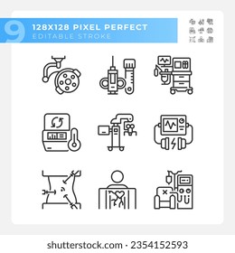 Medical technology pixel perfect linear icons set. Modern equipment. Health care center. Hospital devices. Customizable thin line symbols. Isolated vector outline illustrations. Editable stroke