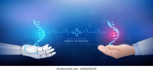 Medical technology. RNA Ribonucleic acid polygon transparent on robot hand and doctor with heartbeat pulse Plus sign circuit. Innovative in health care futuristic by artificial intelligence. Vector.