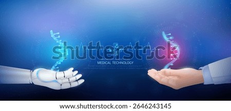 Medical technology. RNA Ribonucleic acid polygon transparent on robot hand and doctor with heartbeat pulse Plus sign circuit. Innovative in health care futuristic by artificial intelligence. Vector.