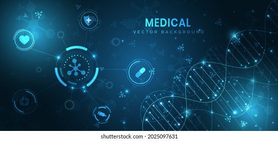 La tecnología médica y el concepto de ciencia y los antecedentes de los iconos de la atención de la salud. Puede usar para publicidad, afiche, plantilla, presentación comercial. Ilustración del vector  