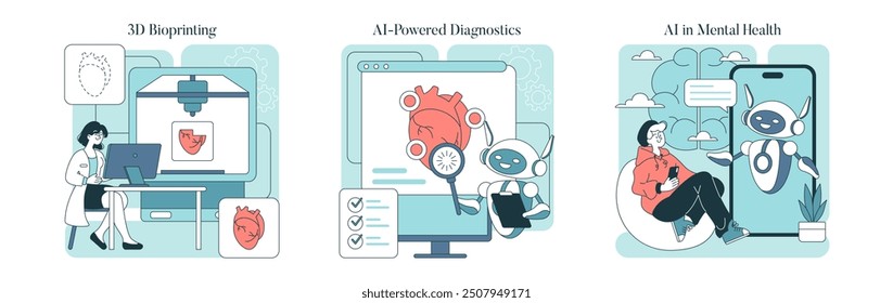 Medical Technology set. Advancements in 3D bioprinting, AI-powered diagnostics, and AI in mental health support. Innovative healthcare solutions. Vector illustration.
