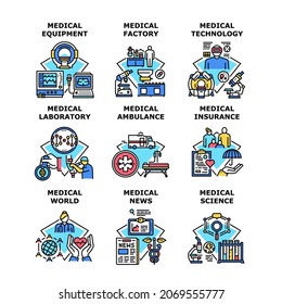 Medical Technology Set Icons Vector Illustrations. Laboratory Medical Technology And Science, World News And Insurance, Medicine Equipment Factory And Ambulance Color Illustrations