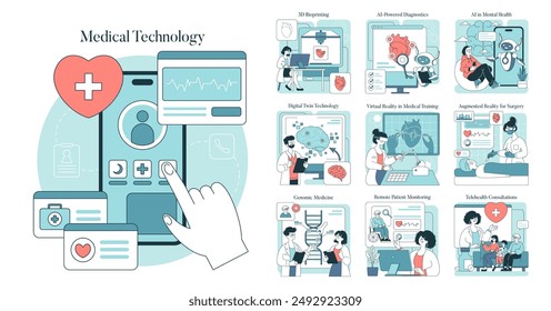 In: Medical Technologie Set. Innovationen im Gesundheitswesen mit KI-Diagnostik, Telehealth und VR-Training. Moderne medizinische Praxen mit Genomik und 3D-Bioprinting. Vektorillustration.