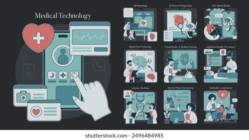 Medizintechnik. Innovationen im Gesundheitswesen durch KI-Diagnose, Telehealth und AR-Chirurgie. Verbesserung der Patientenversorgung und der medizinischen Ausbildung. Vektorgrafik.