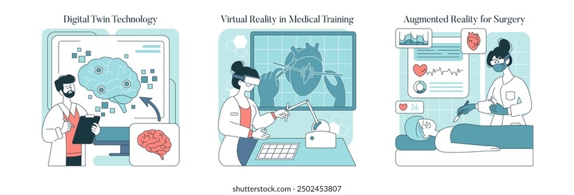 Conjunto de tecnología médica. Médicos que emplean gemelos digitales, realidad virtual y realidad aumentada. Avances en formación médica y cirugía. Ilustración vectorial.