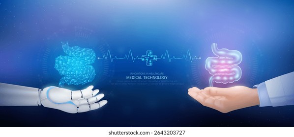 Medical technology. Small intestine polygon transparent on robot hand and doctor with heartbeat pulse cross circuit symbol. Innovative in health care futuristic by artificial intelligence. Vector.