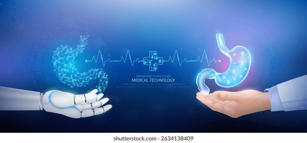 Medical technology. Stomach polygon transparent on robot hand and doctor with heartbeat pulse cross circuit symbol. Innovative in health care futuristic by artificial intelligence (AI). Banner vector.