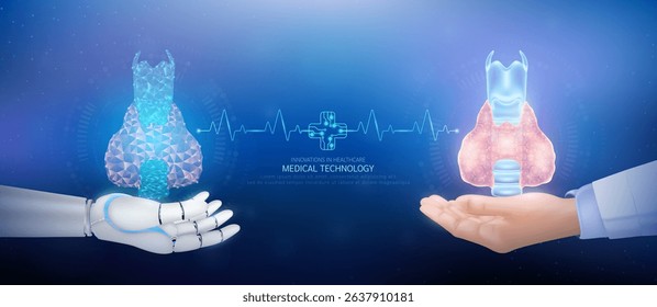 Medical technology. Thyroid gland polygon transparent on robot hand and doctor with heartbeat pulse cross circuit symbol. Innovative in health care futuristic by artificial intelligence (AI). Vector.