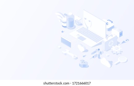 Medical Technology tool Social media monitoring concept in isometric background and Health care Concept. vector design.