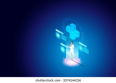 medical technology medical treatment and online health consulting services. Striped female doctor surrounded by medical icons. isometric vector illustration.