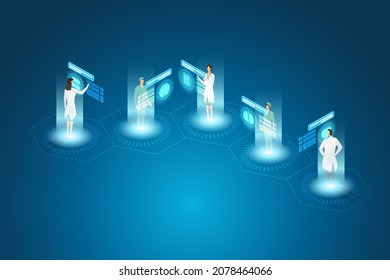 Medical technology medical treatment and online health consulting services Doctors interact with virtual interfaces through online, remote consultations. isometric vector illustration.