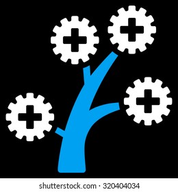 Medical Technology Tree vector icon. Style is bicolor flat symbol, blue and white colors, rounded angles, black background.