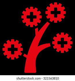 Medical Technology Tree vector icon. Style is flat symbol, red color, rounded angles, black background.