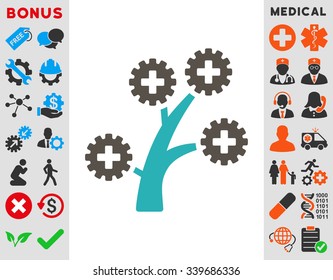 Medical Technology Tree vector icon with bonus. Style is bicolor flat symbol, grey and cyan colors, rounded angles, white background.