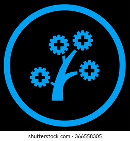 Medical Technology Tree vector icon. Style is flat circled symbol, blue color, rounded angles, black background.