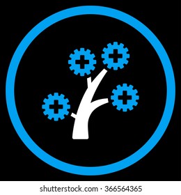Medical Technology Tree vector icon. Style is bicolor flat circled symbol, blue and white colors, rounded angles, black background.