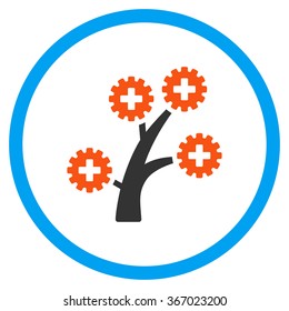 Medical Technology Tree vector icon. Style is flat circled symbol, orange and blue colors, rounded angles, white background.