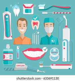 Medical teeth hygiene infographic. Dentist and patient with tools and instruments. Vector dental flat illustrations and icons.