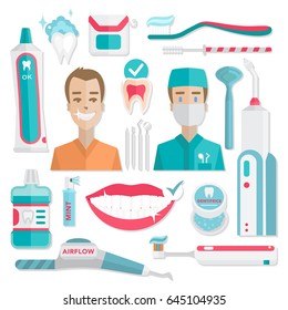 Medical teeth hygiene infographic. Dentist and patient with tools and instruments. Vector dental care flat illustrations and icons.