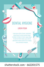 Medical teeth hygiene leaflet and banners template design vector with tools and equipment on blue background. Take care teeth.