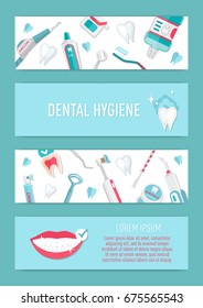 Medical teeth hygiene leaflet and banners template design vector with tools and equipment on blue background. Take care teeth.