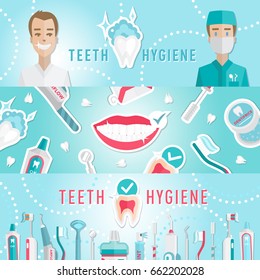 Medical teeth hygiene leaflet and web banners template design vector with tools and equipment and dentist and patient. Take care teeth.