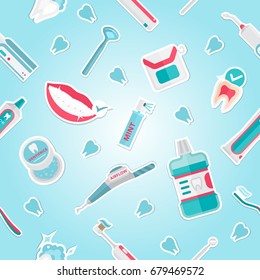 Medical teeth hygiene pattern vector with tools and equipment on blue background. Dental care flat illustration art.