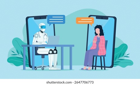 Medical teleconsultation. AI doctor bot working on laptop and talking to patient. Sick woman connects to teleconsultation with ai application. Medical help of the future. Flat design vector.
