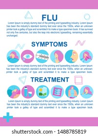 Medical template article with information of  flu, influenza, symptoms, treatment. Vector trendy illustration for article, poster, banner, website.