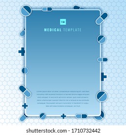 Medical template geometric pill and cross symbol elements with frame blue background. You can use for medical or healthcare presentation, document cover and layout design. Drugs and Pills, Lab tests