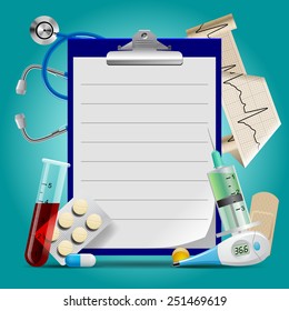 Medical Template With Medicine Equipment And Notes Medical Frame. Vector Illustration