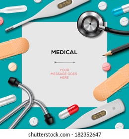 Medical template with medicine equipment, vector illustration. 