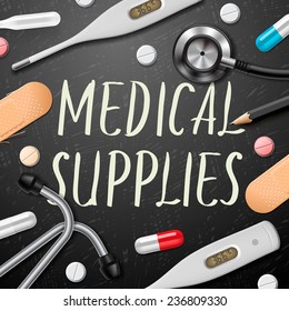 Medical template with medicine equipment, vector illustration. 