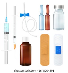 Medizinische Vorlage mit Set für die Injektion auf weißem Hintergrund.Vektorillustration