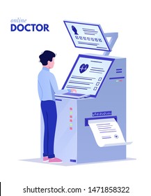 Medical terminal stand flat banner vector template. Modern healthcare poster layout. Health examination, medicine poll. Patient using interactive diagnosis machine illustration with typography