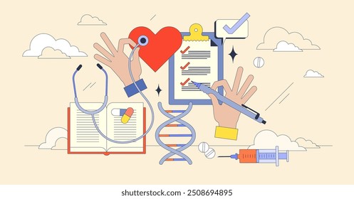 Medical terminology and medicine paperwork writing tiny neubrutalism concept. Communication with disease, illness, diagnostics and prescription titles for effective understanding vector illustration.