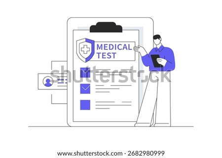 Medical test or check concept, medical lab analysis form, Doctor or healthcare man gives prescription drugs. Flat Cartoon Vector Illustration, icon Stylish abstract design landing page web