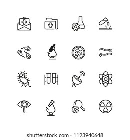 Medical test icons. Set of line icons. Insurance, bacteria, laboratory. Medical research concept. Vector illustration can be used for topics like healthcare, medicine, microbiology
