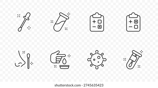 Medical test set icon. Dropper, vial, checklist diagnosis, blood sample, hygiene swab, hand disinfection, virus cell, laboratory analysis, healthcare, infection control