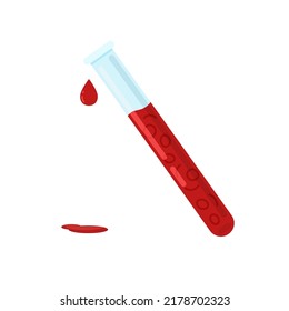 Medical Test Tube With Blood. Bloods Spot. Laboratory Testing Red Bloody Cells. Vector Illustration Isolated On White Background.