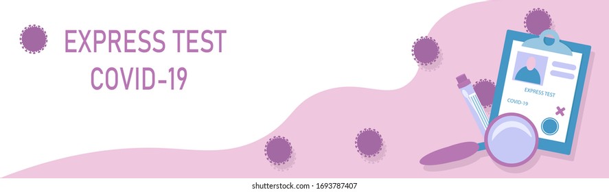 medical test tube, magnifier and patient card with result. throat and nose swab - Express analysis on coronavirus concept. Illustration in flat style.