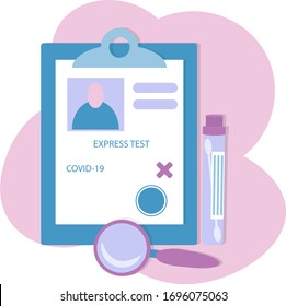 medical test tube, magnifier and patient card with result. throat and nose swab - Express analysis on coronavirus concept. Illustration in flat style.