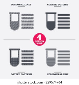Medical test tube sign icon. Test list. Laboratory equipment symbol. Diagonal and horizontal lines, classic outline, dotted texture. Pattern design icons.  Vector