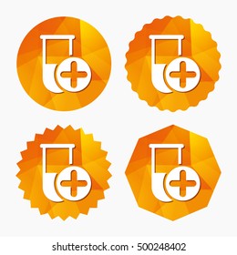 Medical test tube sign icon. Add new test with plus. Laboratory equipment symbol. Triangular low poly buttons with flat icon. Vector