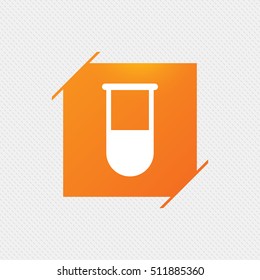 Medical test tube sign icon. Laboratory equipment symbol. Orange square label on pattern. Vector