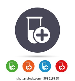 Medical test tube sign icon. Add new test with plus. Laboratory equipment symbol. Round colourful buttons with flat icons. Vector