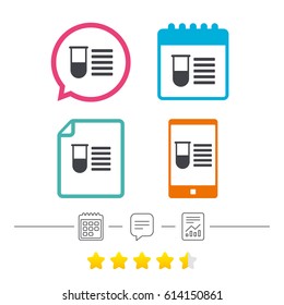 Medical test tube sign icon. Test list. Laboratory equipment symbol. Calendar, chat speech bubble and report linear icons. Star vote ranking. Vector